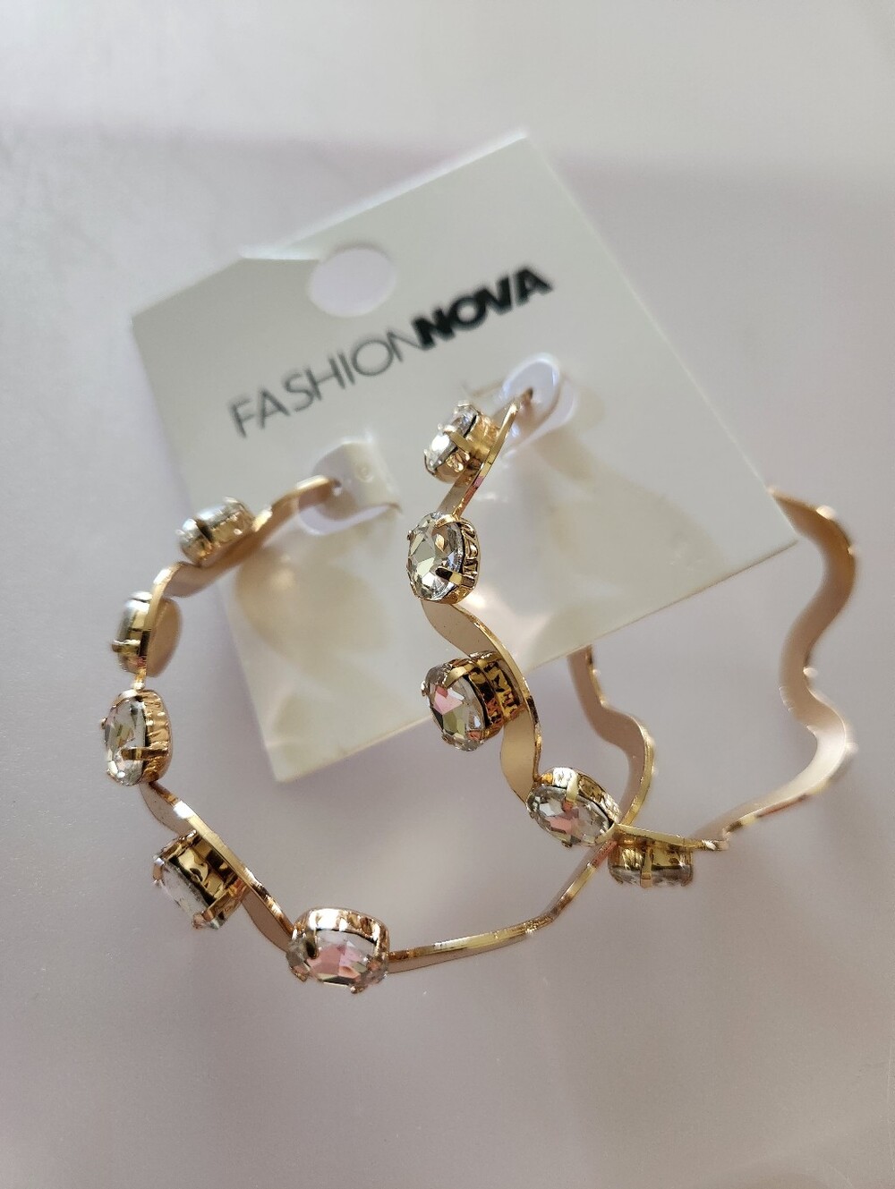 Fashion Nova Hoop Earrings Clear Stones Wavy Gold Tone NWT